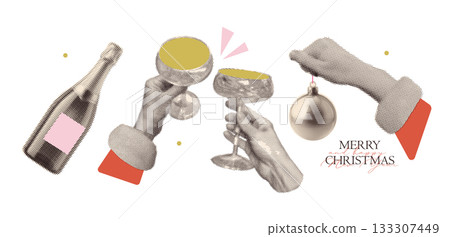 Set of Hands with trendy halftone effect holding a glass of champagne, xmas tree bauble. New Year and Christmas holiday party elements. Vector collage paper stickers, greeting card, invitation, banner 133307449