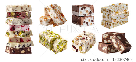 Set of Nougat, chewy hard sweet confection paste candy, nuts fruit flavour, pile stack broken cube bar, transparent cutout PNG. Many different flavor. Mockup template design. 133307462