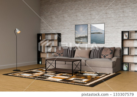 The furniture is arranged neatly in a living room setting The furniture is arranged neatly in a living room setting 133307579