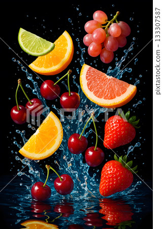 Vibrant fruit splash with lime orange grapefruit strawberries cherries and grapes falling into water on a black background, dynamic droplets and high-contrast studio lighting 133307587