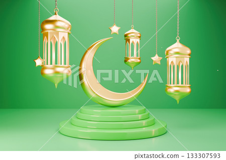 The golden crescent moon and stars are displayed as decorations for Eid Ramadan 133307593