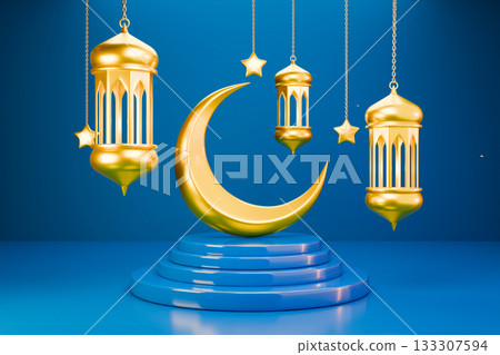 The golden crescent moon and stars are displayed as decorations for Eid Ramadan 133307594