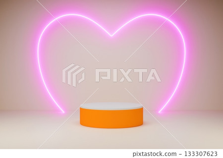 A pink podium sits below a glowing neon heart sign 133307623