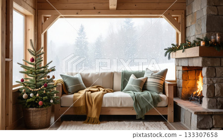 Cozy Scandinavian-style Christmas scene in a mountain chalet. Simple decorated pine tree, a stone fireplace and snow falling softly outside a large window. Calming ambiance of a clean aesthetics 133307658