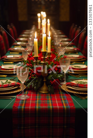 Elegant dining table set for Christmas dinner, with emerald green tablecloth, brass candlesticks with tall candles, crystal glassware and centerpiece of deep red roses, and a classic tartan runner 133307661