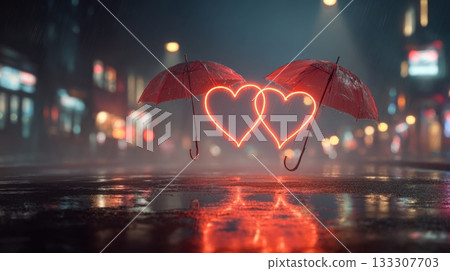 Two red umbrellas float in the rain above glowing neon heart shapes reflected on a wet city street Two red umbrellas float in the rain above glowing neon heart shapes reflected on a wet city street 133307703