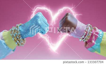 Two stylish fists covered in glittering sleeves touch together, forming an electric glowing heart on a pink background 133307704
