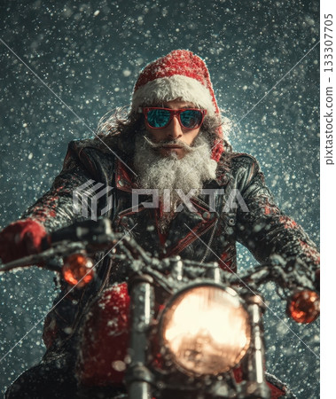A tough biker Santa rides a motorcycle through falling snow wearing a leather jacket and red hat A tough biker Santa rides a motorcycle through falling snow wearing a leather jacket and red hat 133307705
