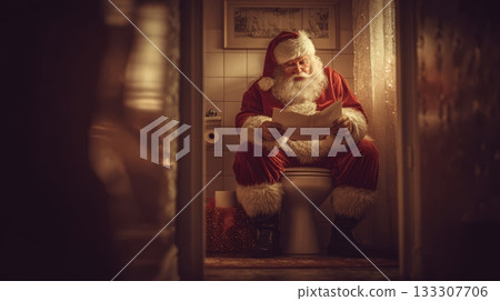 Santa Claus sits on a toilet reading a paper in a cozy warmly lit bathroom 133307706