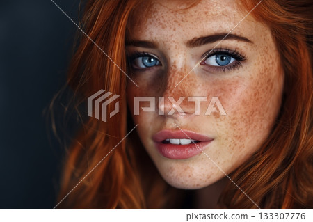 Captivating Portrait of a Young Woman With Red Hair and Blue Eyes Showcasing Natural Beauty and Freckles 133307776