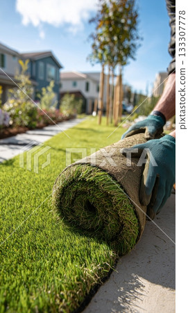 Man Rolls out New Grass in a Residential Neighborhood Under Bright Blue Sky 133307778