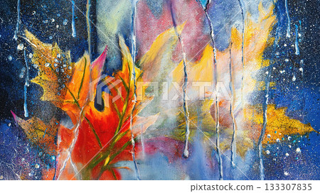 Abstract Autumn Leaf Painting. Vivid composition featuring bright autumn leaves, paint rain drips and bold textures on canvas, expressive style. Concept of autumn, abstract art, creative impressionism Abstract Autumn Leaf Painting. Vivid composition featuring bright autumn leaves, paint rain drips and bold textures on canvas, expressive style. Concept of autumn, abstract art, creative impressionism 133307835
