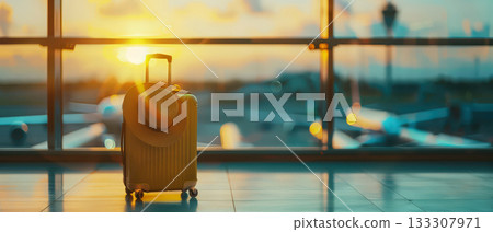Airport travel scene with suitcase and sunset 133307971