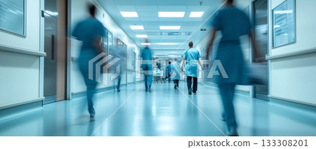 Healthcare Professionals Move Quickly Through a Hospital Corridor During a Busy Shift Healthcare Professionals Move Quickly Through a Hospital Corridor During a Busy Shift 133308201