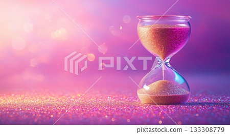 Colorful Hourglass Filled With Shimmering Sand on a Glittery Background During Twilight 133308779