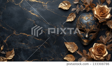 Elegant Mask and Golden Roses on Dark Marble for Artistic Decor and Celebration 133308786