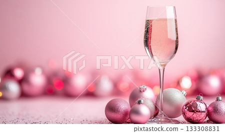 Sparkling Drink in a Glass With Pink Ornaments for a Festive Celebration Occasion Sparkling Drink in a Glass With Pink Ornaments for a Festive Celebration Occasion 133308831
