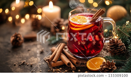 Warm and Cozy Holiday Drink Served With Spices and Fruits in a Festive Setting 133309100