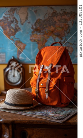 Bright Orange Backpack and Straw Hat on a Wooden Table With a World Map in the Background Bright Orange Backpack and Straw Hat on a Wooden Table With a World Map in the Background 133309101