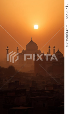 Majestic Sunset Over the Taj Mahal With Silhouette of Historical Buildings in Agra Majestic Sunset Over the Taj Mahal With Silhouette of Historical Buildings in Agra 133309319