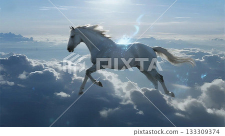 一幅駿馬在天空雲層之上奔騰的插圖 133309374