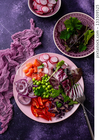 Ketogenic bowl with vegetables and salmon 133309525