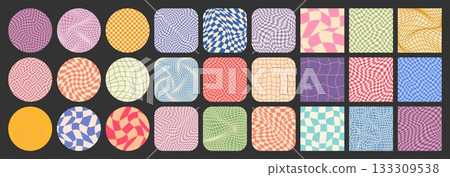 Groovy checkered pattern, colorful tiled grid. Vintage wavy curved backdrop, distortion effect. Funky geometric chessboard texture, retro background in 90s style, y2k. Vector illustration 133309538