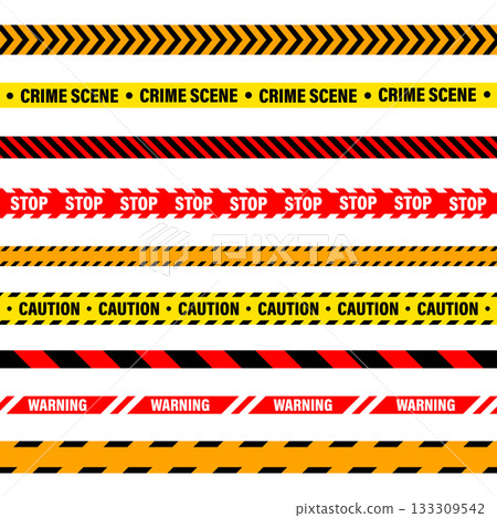 Barricade construction tape. Colorful police warning line, brightly colored danger or hazard stripe, ribbon. Restricted area, zone. Attention symbol. Vector illustration 133309542