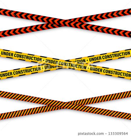 Barricade construction tape. Colorful police warning line, brightly colored danger or hazard stripe, ribbon. Restricted area, zone. Attention symbol. Vector illustration 133309564