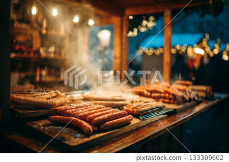 Grilled sausages cooking on barbecue with steam at festive market stand 133309602
