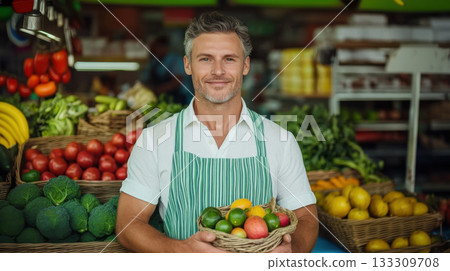 Man Holding Fresh Vegetables in Market Stall. A male vendor stands proudly behind his market stall holding a basket of fresh vegetables 133309708