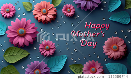 Blue Text Mother's Day greeting with delicate white and pink flowers arranged around text. Soft tones and floral details create tender and loving atmosphere. 133309744