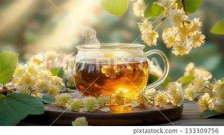 Glass cup linden herbal tea infused with delicate white blossoms and green leaf, set in soft natural garden scene with sunlight. 133309756