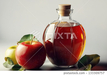 Calvados Brandy and red apples, Still life calvados alcoholic drink and apples. on light background bottle with cork, glass for strong drink surrounded by ripe red and green apples. 133309757
