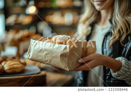 Woman Hands Holding Fresh Baked Bread Wrapped in Paper Garnished Parsley. Freshly baked golden loaf in paper wrap, held by two women, garnished with herbs 133309946