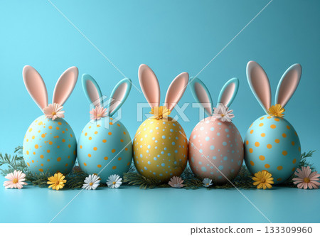 Easter banner, holiday decor, rabbit ears and colorful eggs blue background. Holidays, spring Easter concept, copy space, design greeting cards, art minimalist style. Easter banner, holiday decor, rabbit ears and colorful eggs blue background. Holidays, spring Easter concept, copy space, design greeting cards, art minimalist style. 133309960