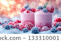 Ice cream scoops in a cup, creatively decorated with berries raspberries, blueberries, forming an artistic and unique concept summer dessert on a pastel pink background. 133310001