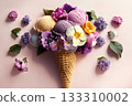 Blue ice cream scoop in waffle cone creatively decorated with colorful flowers, forming artistic and unique summer dessert concept on a pastel pink background. 3D rendering 133310002