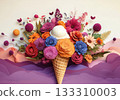Blue ice cream scoop in waffle cone creatively decorated with colorful flowers, forming artistic and unique summer dessert concept on a pastel pink background. 3D rendering 133310003