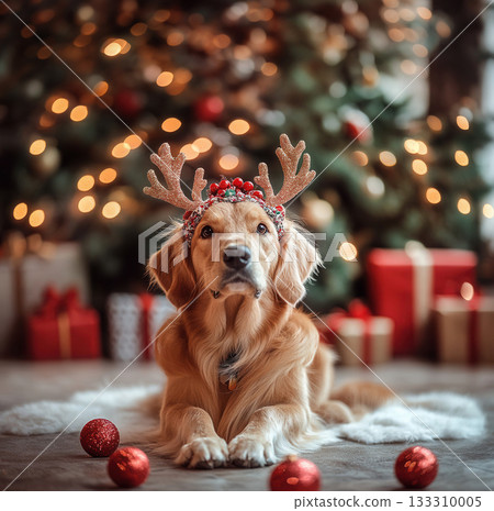 Cute Golden Retriever dog lying with reindeer antlers, surrounded by red Christmas balls, tree lights and holiday boxes in cozy festive background 133310005