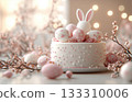 Happy Easter cake on table, eggs and spring flowers in vases, white background, bunny figurines, poster, flyer banner, place for text, copy space, 3d render, concept 133310006