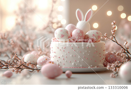 Happy Easter cake on table, eggs and spring flowers in vases, white background, bunny figurines, poster, flyer banner, place for text, copy space, 3d render, concept Happy Easter cake on table, eggs and spring flowers in vases, white background, bunny figurines, poster, flyer banner, place for text, copy space, 3d render, concept 133310006