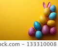 Colorful pastel Easter eggs yellow background. Mockup, frame, copy space, top view, monochrome pastel, flat lay, celebration banner. Holidays concept, 3d rendering 133310008