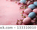 Colorful pastel Easter eggs pink background. Mockup, frame, copy space, top view, monochrome pastel, flat lay, celebration banner. Holidays concept, 3d rendering 133310010