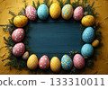 Colorful pastel Easter eggs yellow background. Mockup, frame, copy space, top view, monochrome pastel, flat lay, celebration banner. Holidays concept, 3d rendering 133310011