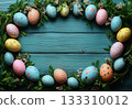 Colorful pastel Easter eggs green background. Mockup, frame, copy space, top view, monochrome pastel, flat lay, celebration banner. Holidays concept, 3d rendering 133310012