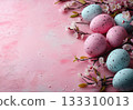 Colorful pastel Easter eggs pink background. Mockup, frame, copy space, top view, monochrome pastel, flat lay, celebration banner. Holidays concept, 3d rendering 133310013