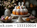 Happy Easter cake on table, eggs and spring flowers in vases, white background, bunny figurines, poster, flyer banner, place for text, copy space, 3d render, concept 133310014