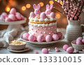 Happy Easter cake on table, eggs and spring flowers in vases, white background, bunny figurines, poster, flyer banner, place for text, copy space, 3d render, concept 133310015