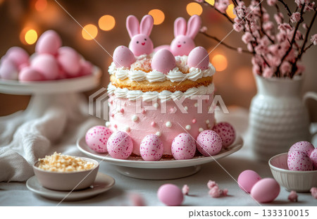 Happy Easter cake on table, eggs and spring flowers in vases, white background, bunny figurines, poster, flyer banner, place for text, copy space, 3d render, concept Happy Easter cake on table, eggs and spring flowers in vases, white background, bunny figurines, poster, flyer banner, place for text, copy space, 3d render, concept 133310015